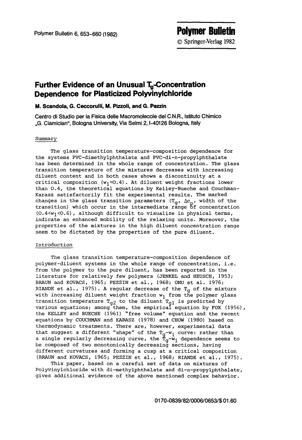 Further evidence of an unusual T<Subscript>g<Subscript>-concentration dependence for plasticized polyvinylchloride by Unknown