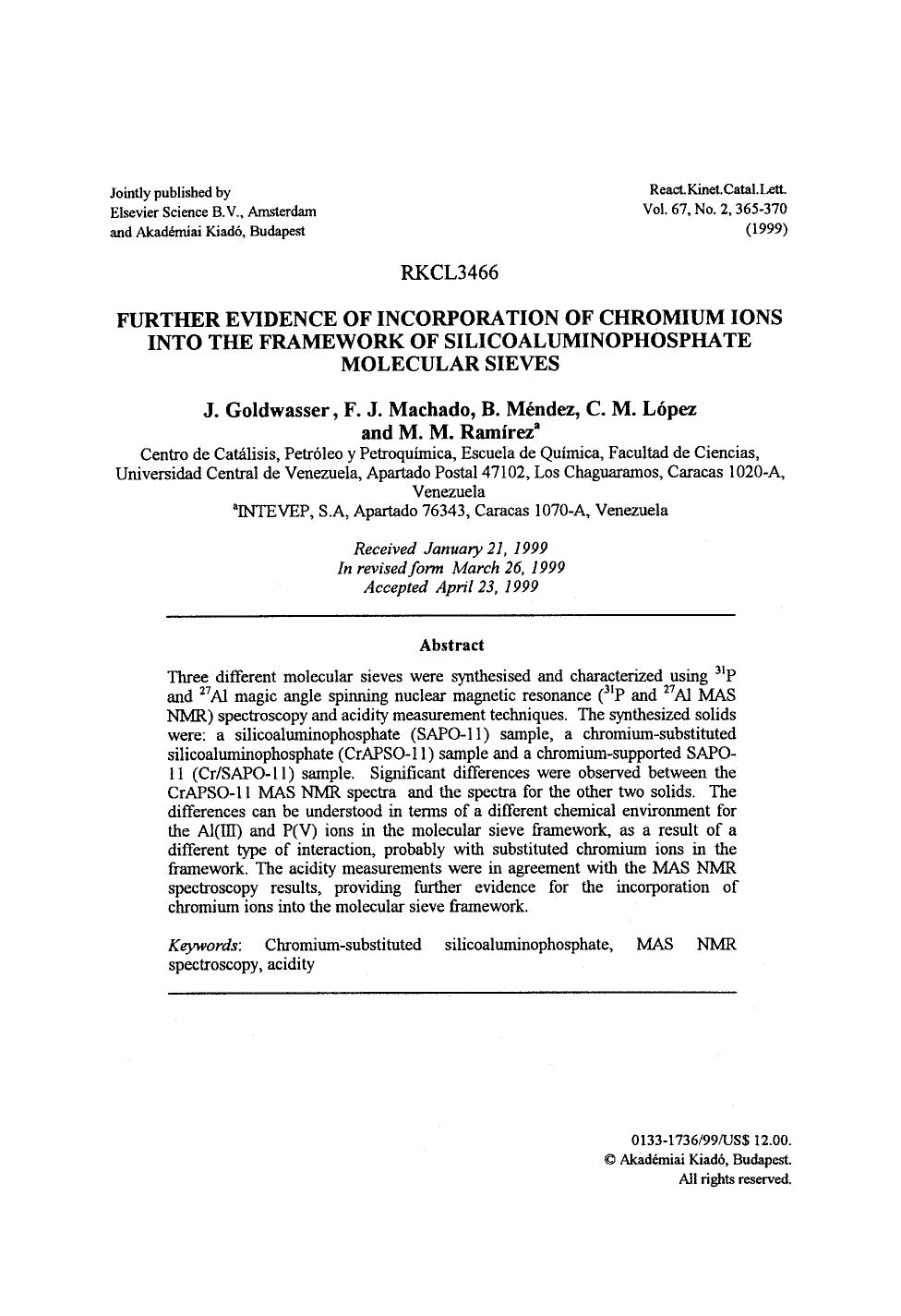 Further evidence of incorporation of chromium ions into the framework of silicoaluminophosphate molecular sieves by Unknown