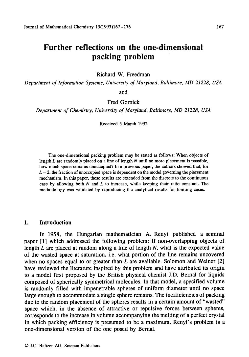 Further reflections on the one-dimensional packing problem by Unknown