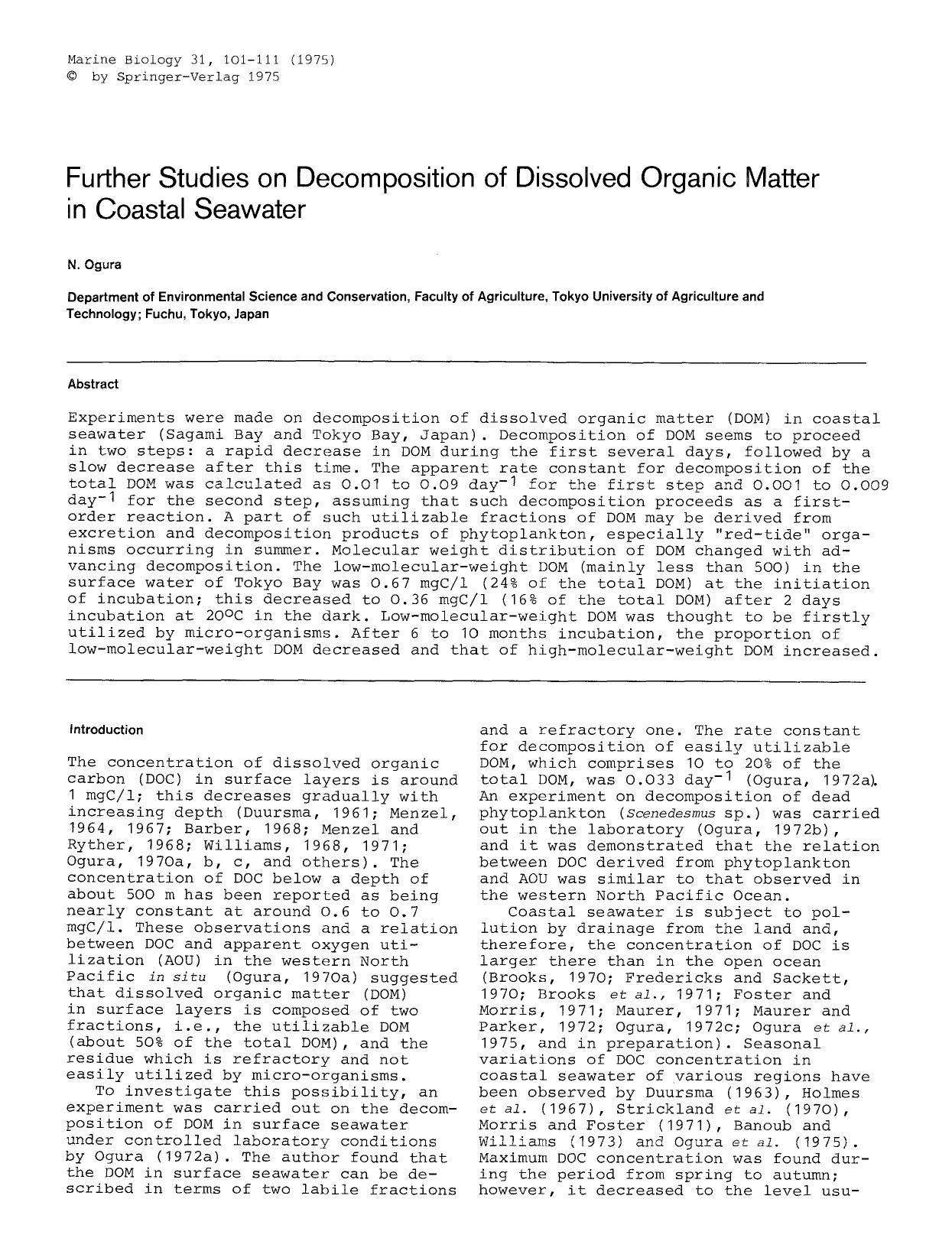 Further studies on decomposition of dissolved organic matter in coastal seawater by Unknown