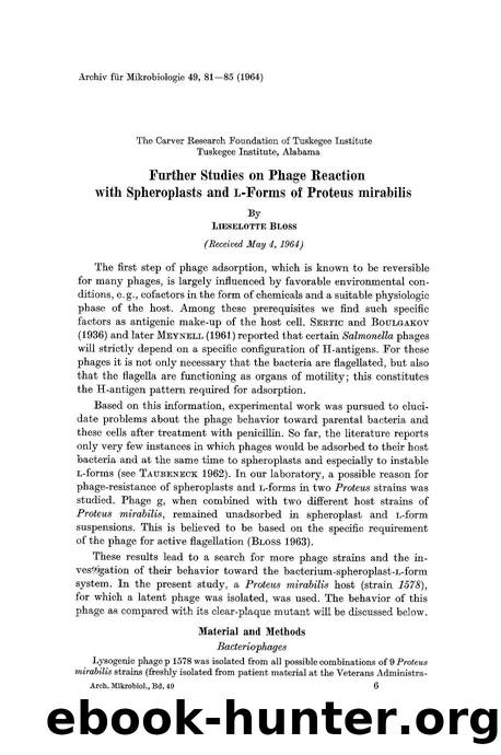 Further studies on phage reaction with spheroplasts and <Emphasis Type="SmallCaps">l<Emphasis>-forms of proteus mirabilis by Unknown