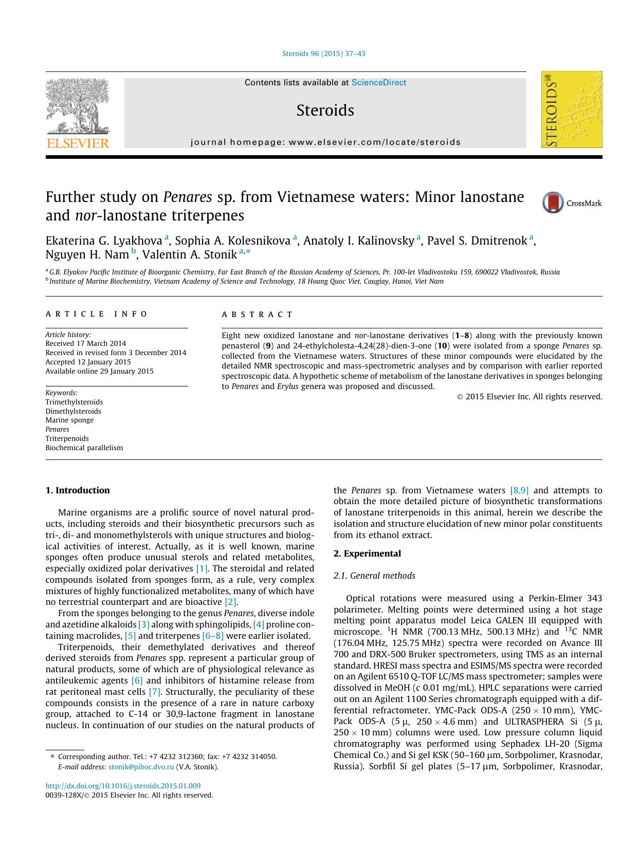 Further study on Penares sp. from Vietnamese waters: Minor lanostane and nor-lanostane triterpenes by unknow
