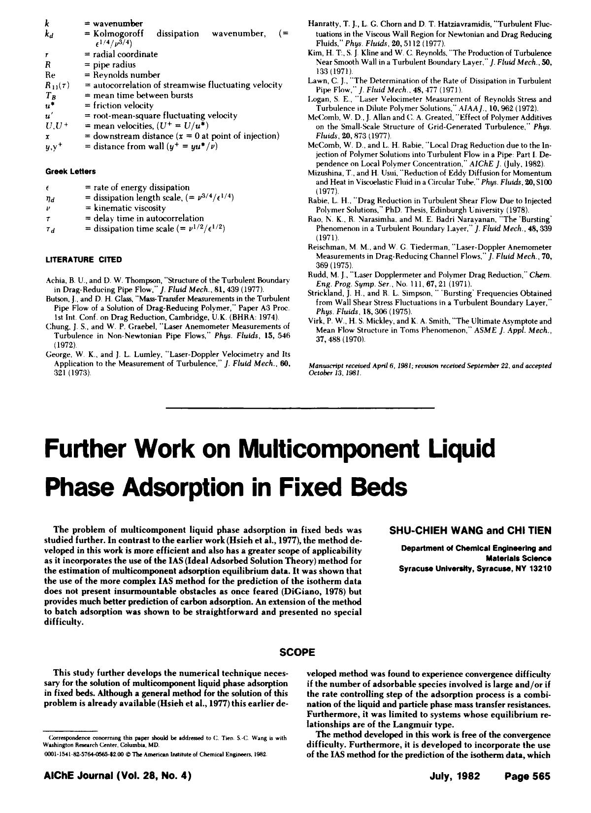 Further work on multicomponent liquid phase adsorption in fixed beds by Unknown