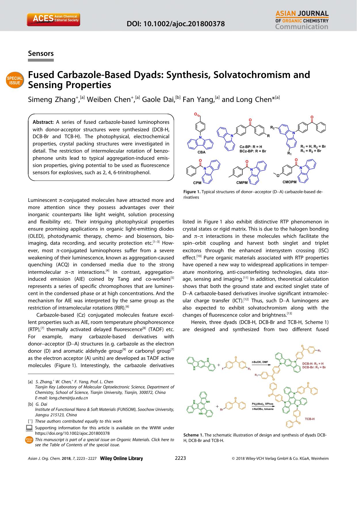 Fused CarbazoleâBased Dyads: Synthesis, Solvatochromism and Sensing Properties by Unknown