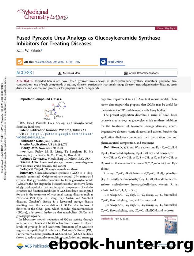 Fused Pyrazole Urea Analogs as Glucosylceramide Synthase Inhibitors for Treating Diseases by Ram W. Sabnis