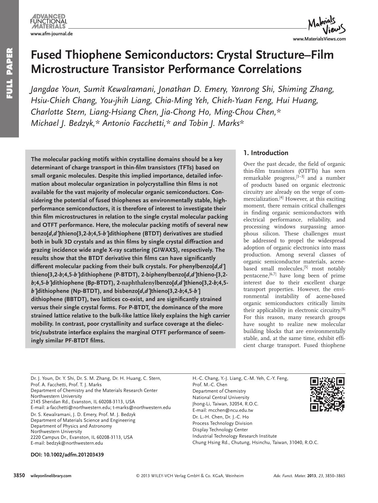 Fused Thiophene Semiconductors: Crystal StructureFilm Microstructure Transistor Performance Correlations by f-282-imac