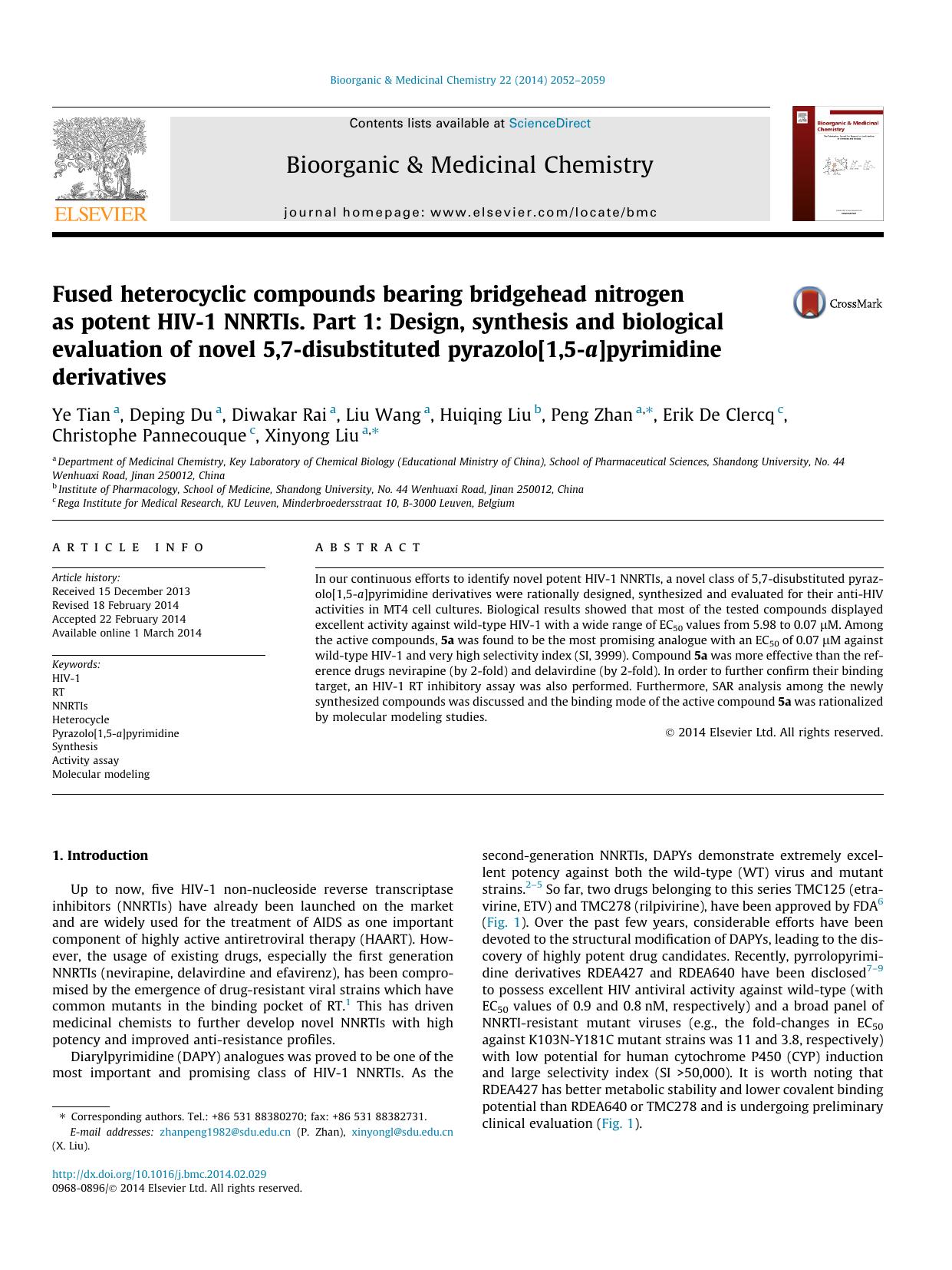 Fused heterocyclic compounds bearing bridgehead nitrogen as potent HIV-1 NNRTIs. Part 1: Design, synthesis and biological evaluation of novel 5,7-disubstituted pyrazolo[1,5-a]pyrimidine derivatives by unknow
