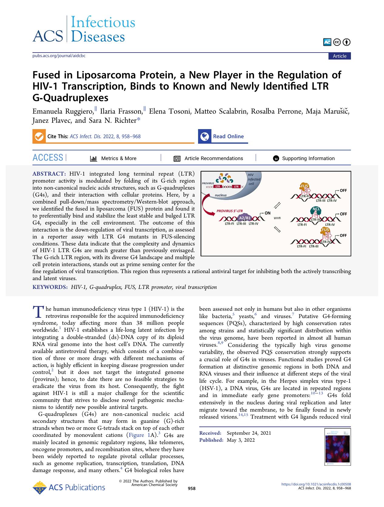 Fused in Liposarcoma Protein, a New Player in the Regulation of HIV-1 Transcription, Binds to Known and Newly Identified LTR G-Quadruplexes by unknow