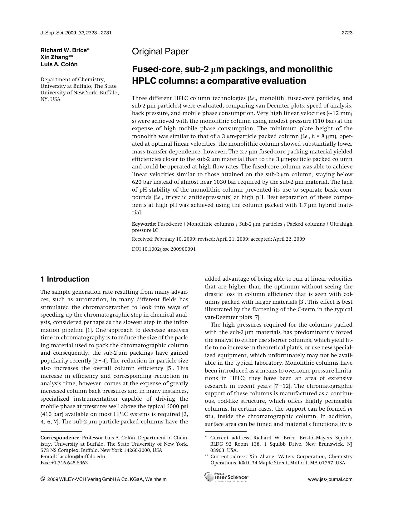 Fused-core, sub-2 Âµm packings, and monolithic HPLC columns: a comparative evaluation by Unknown
