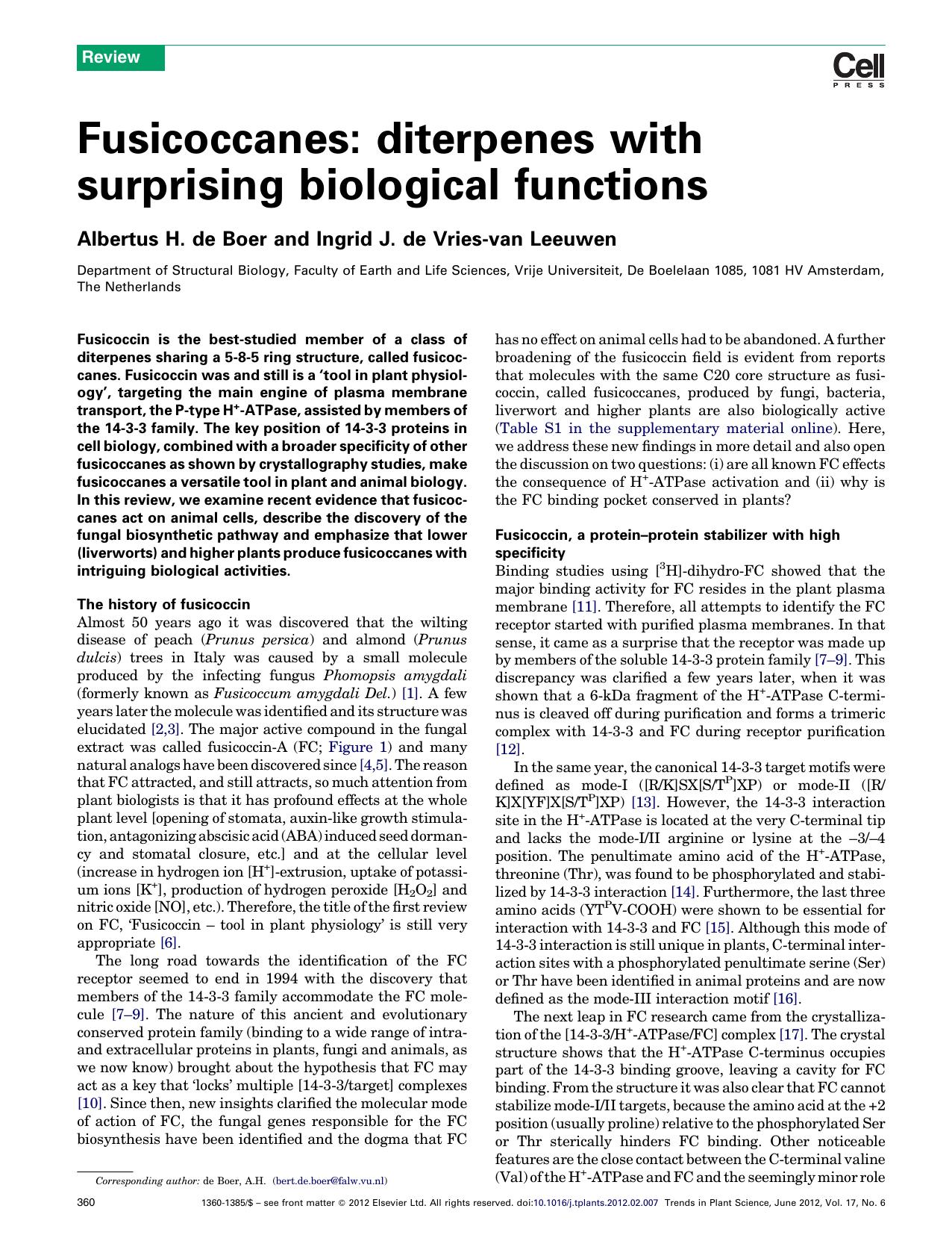 Fusicoccanes: diterpenes with surprising biological functions by Albertus H. de Boer