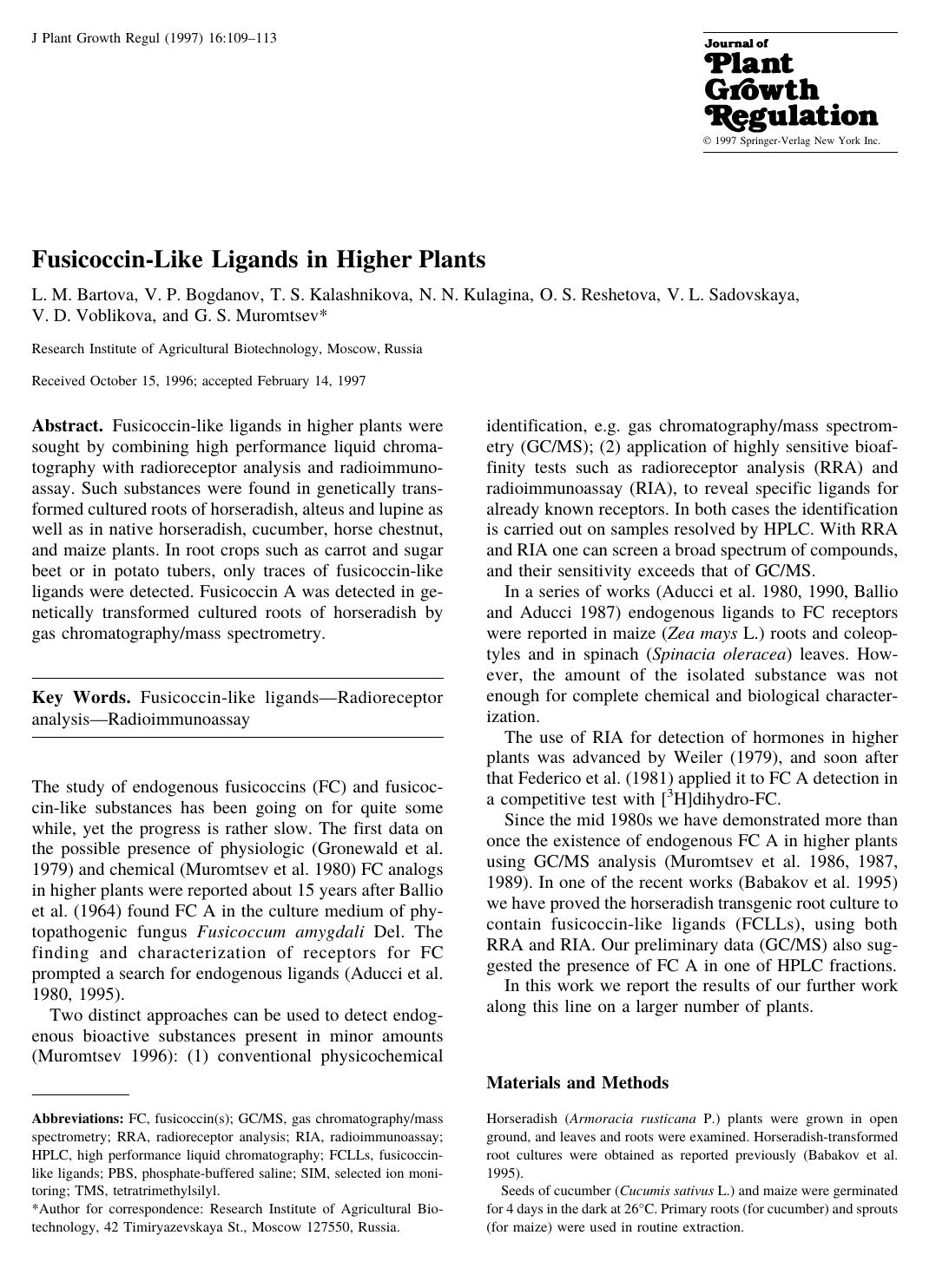 Fusicoccin-Like Ligands in Higher Plants by Bartova L. et al
