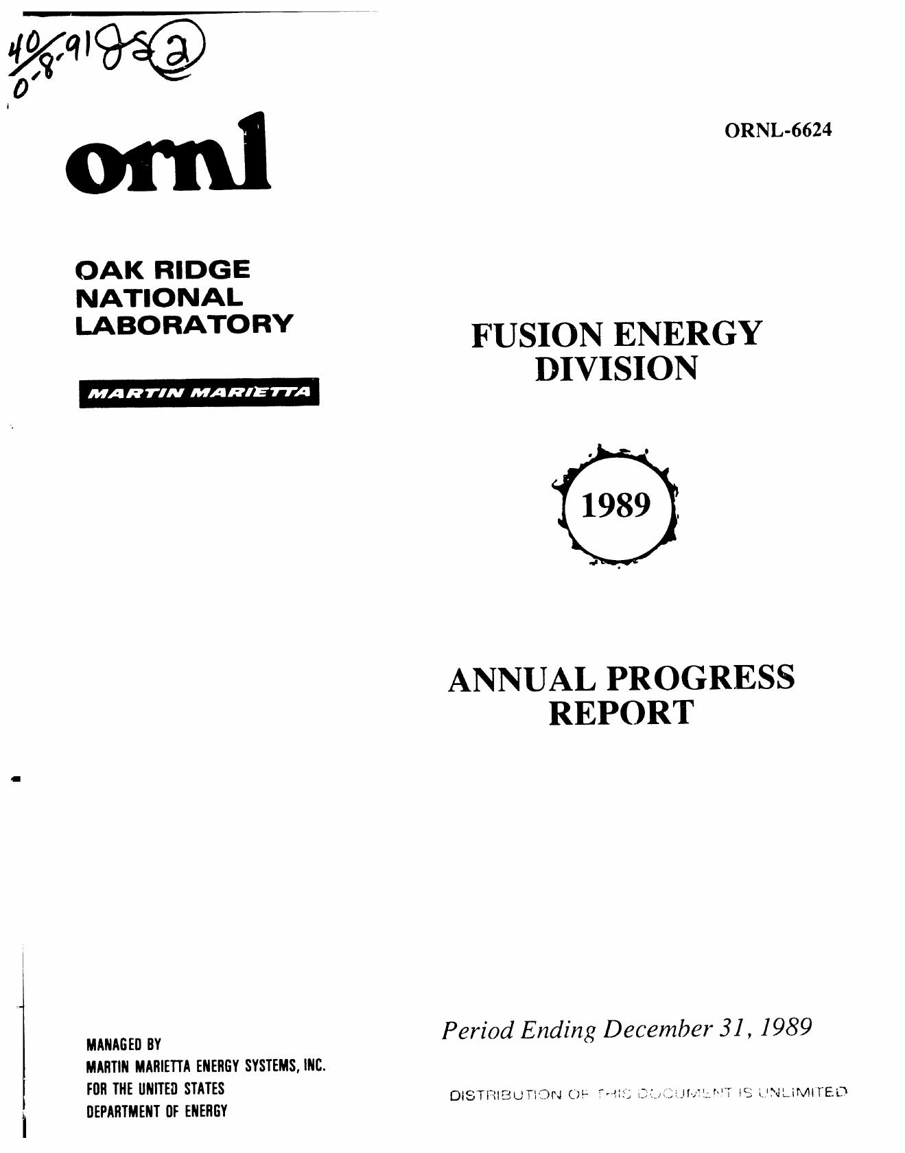 Fusion Energy Division annual progress report : period ending December 31, 1989 by Oak Ridge National Laboratory. Fusion Energy Division