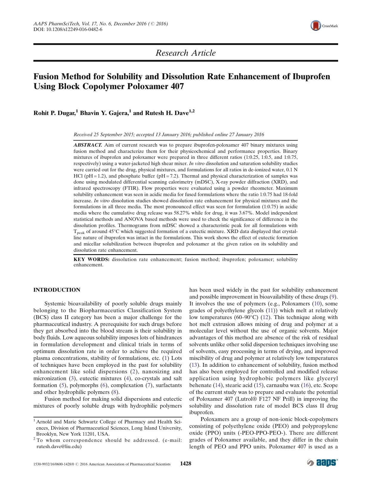 Fusion Method for Solubility and Dissolution Rate Enhancement of Ibuprofen Using Block Copolymer Poloxamer 407 by Rohit P. Dugar & Bhavin Y. Gajera & Rutesh H. Dave
