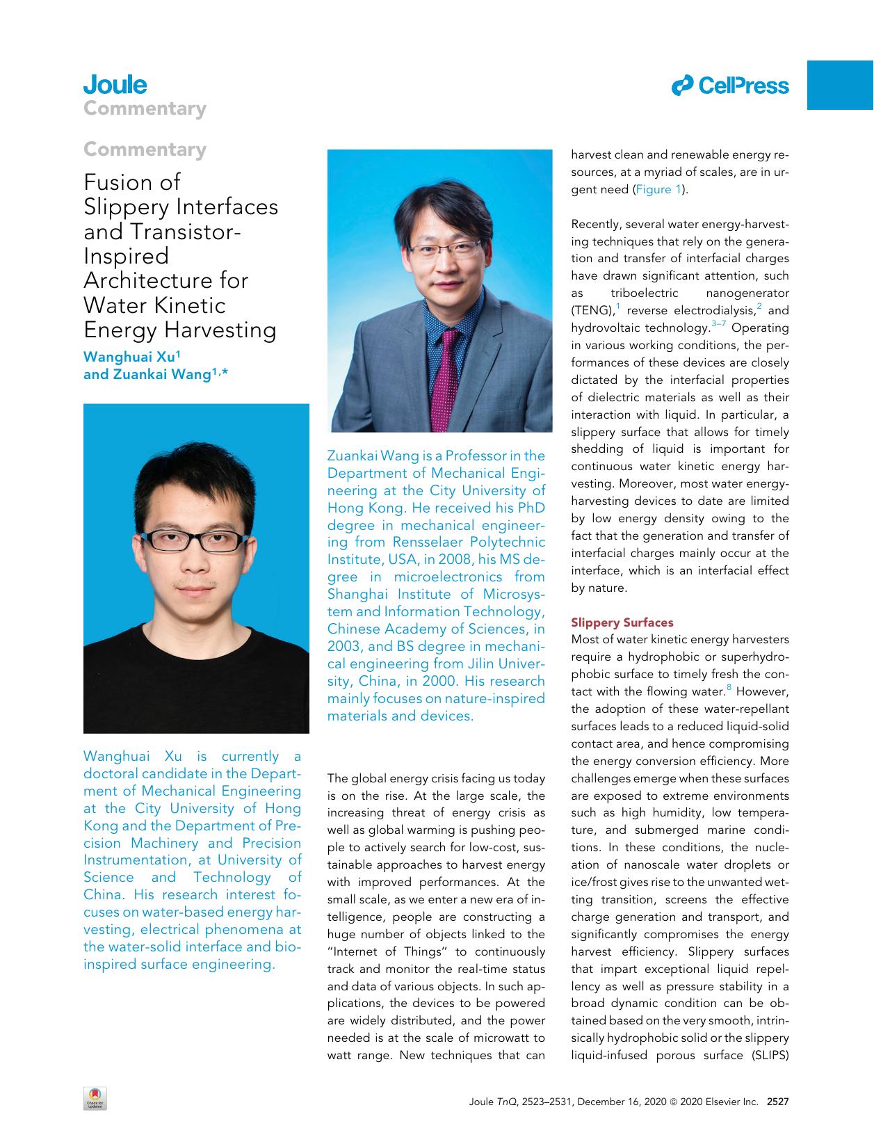 Fusion of Slippery Interfaces and Transistor-Inspired Architecture for Water Kinetic Energy Harvesting by Wanghuai Xu & Zuankai Wang