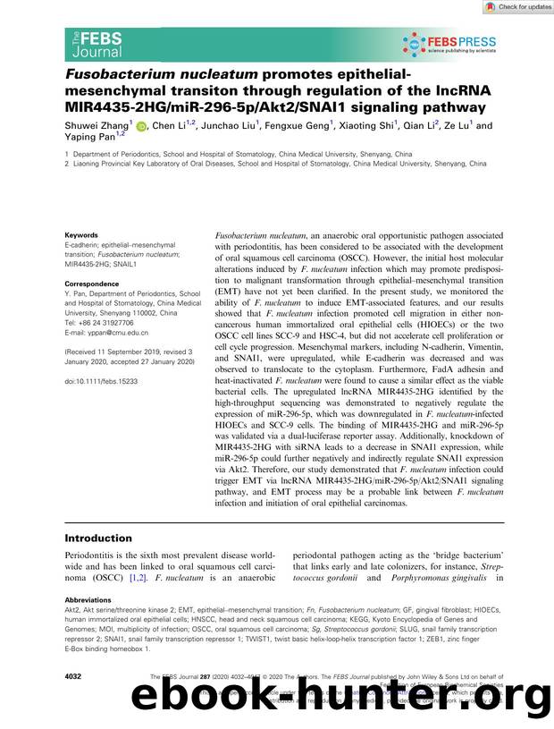 Fusobacterium nucleatum promotes epithelialâmesenchymal transiton through regulation of the lncRNA MIR4435â2HGmiRâ296â5pAkt2SNAI1 signaling pathway by Unknown