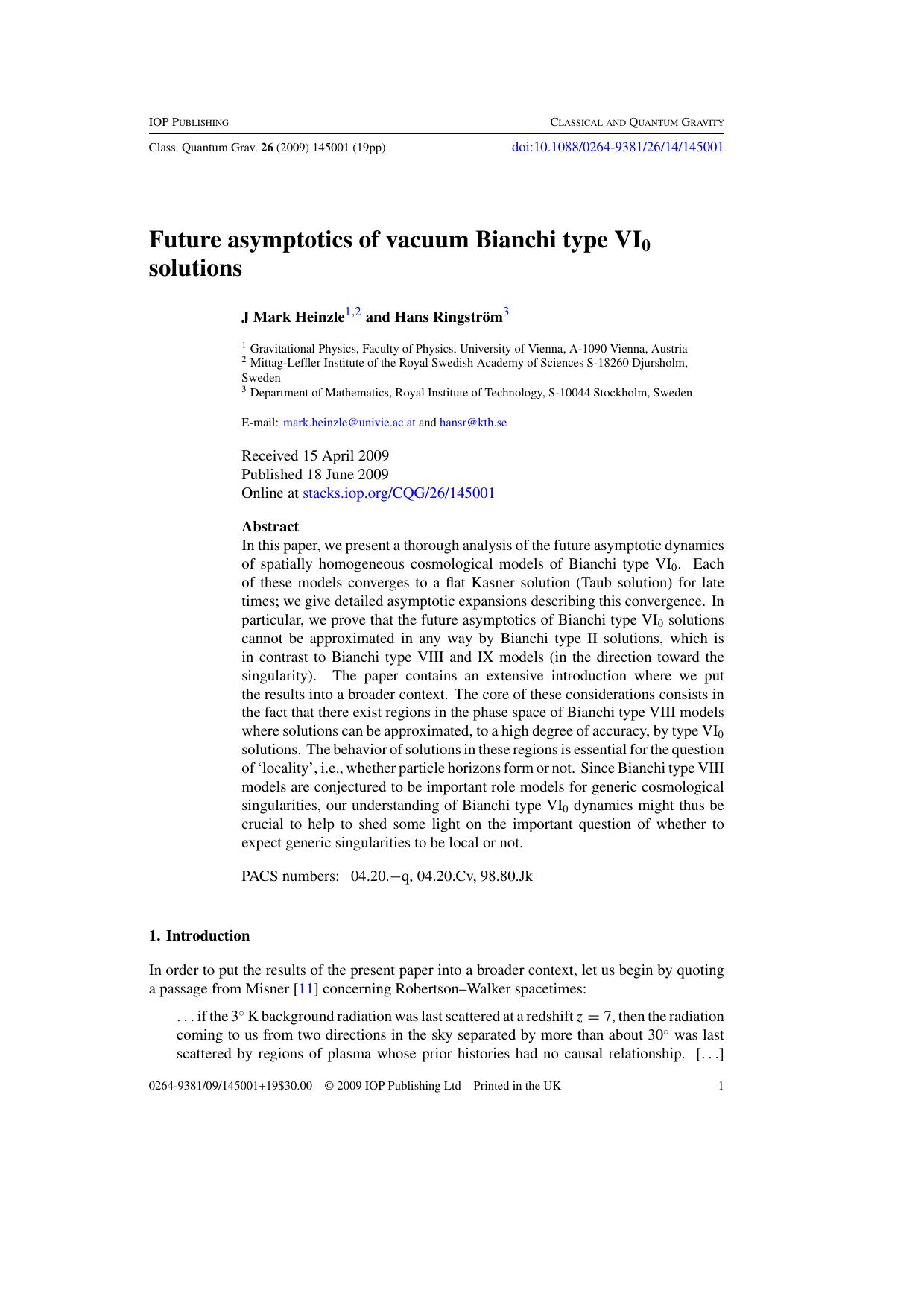 Future asymptotics of vacuum Bianchi type VI0 solutions by J M Heinzle and H Ringstrˆm