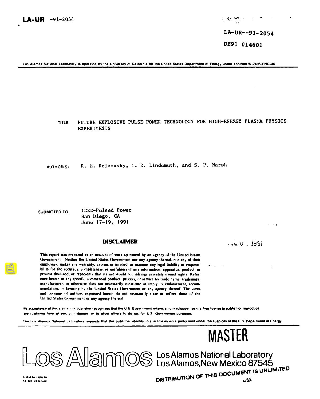 Future explosive pulse-power technology for high-energy plasma physics experiments None by LANL Research Library LWW Project