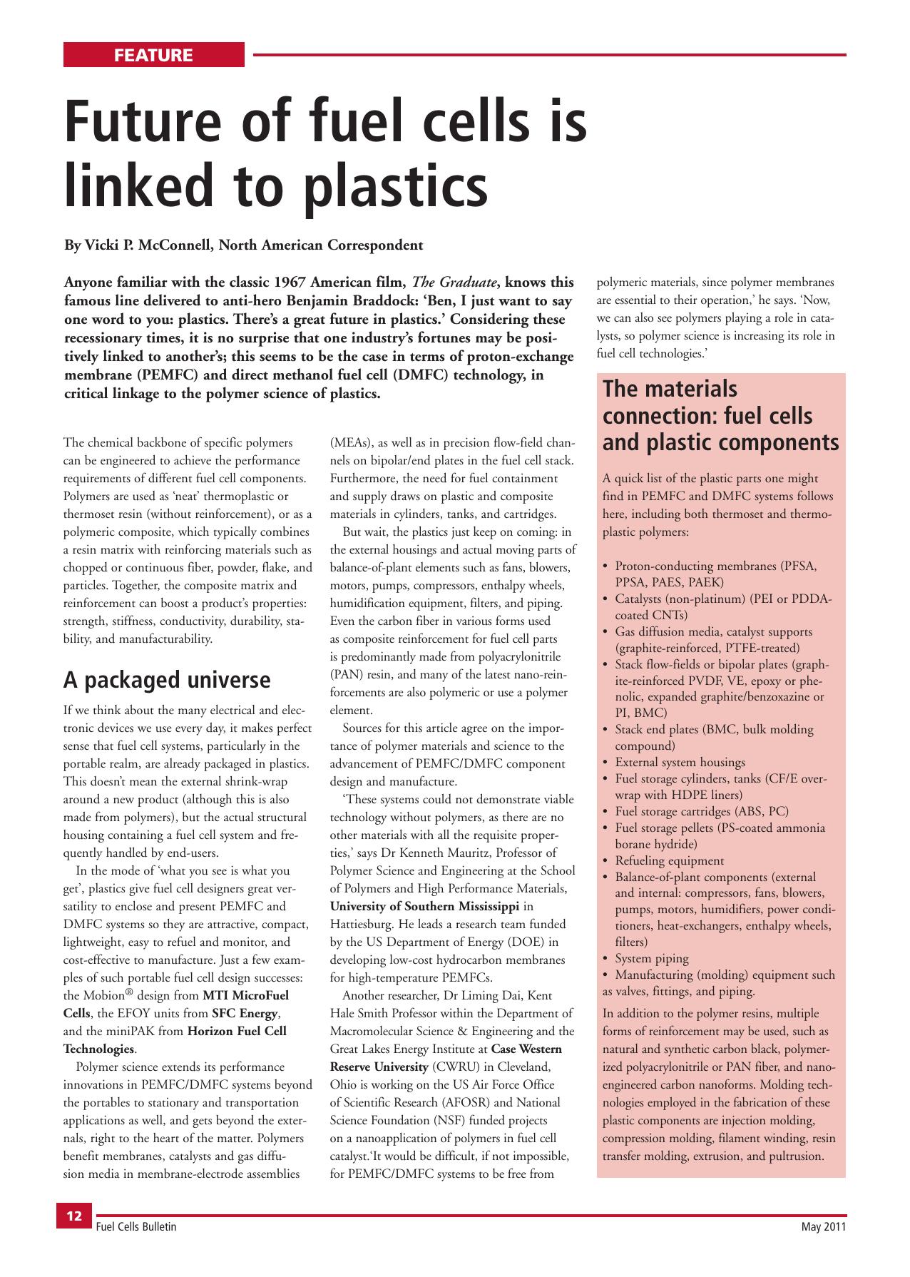 Future of fuel cells is linked to plastics by Vicki P. McConnell