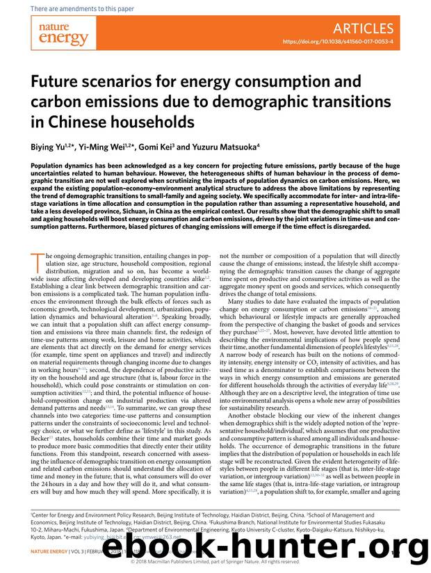 Future scenarios for energy consumption and carbon emissions due to demographic transitions in Chinese households by Biying Yu & Yi-Ming Wei & Gomi Kei & Yuzuru Matsuoka