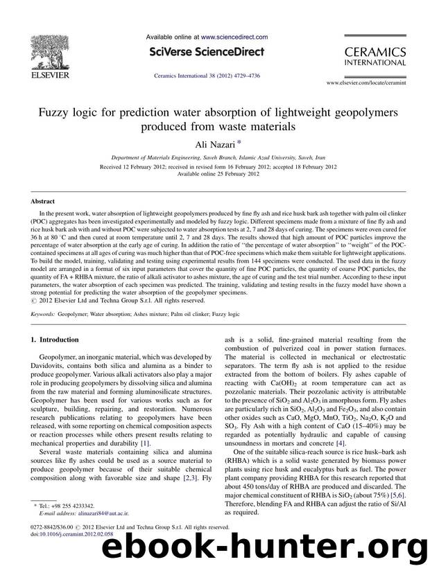 Fuzzy logic for prediction water absorption of lightweight geopolymers produced from waste materials by Ali Nazari