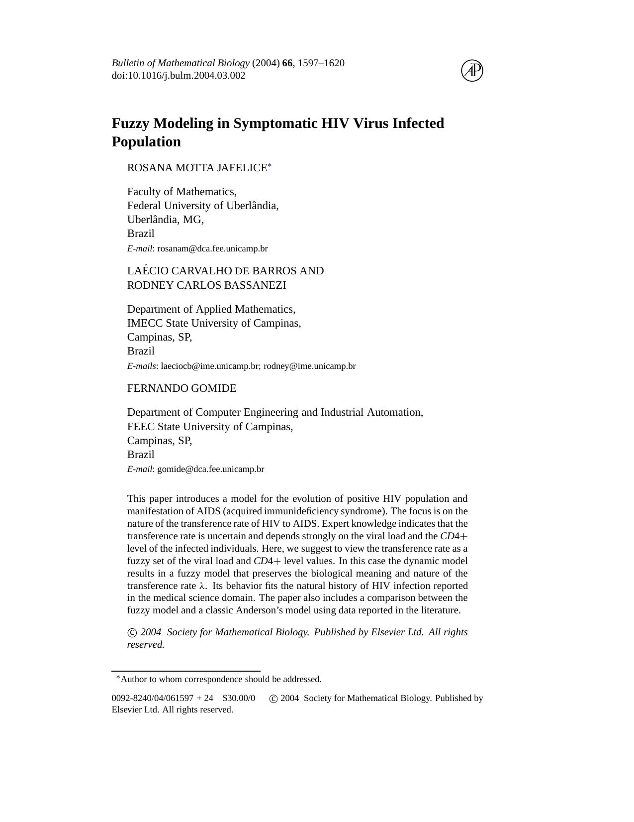 Fuzzy modeling in symptomatic HIV virus infected population by Unknown