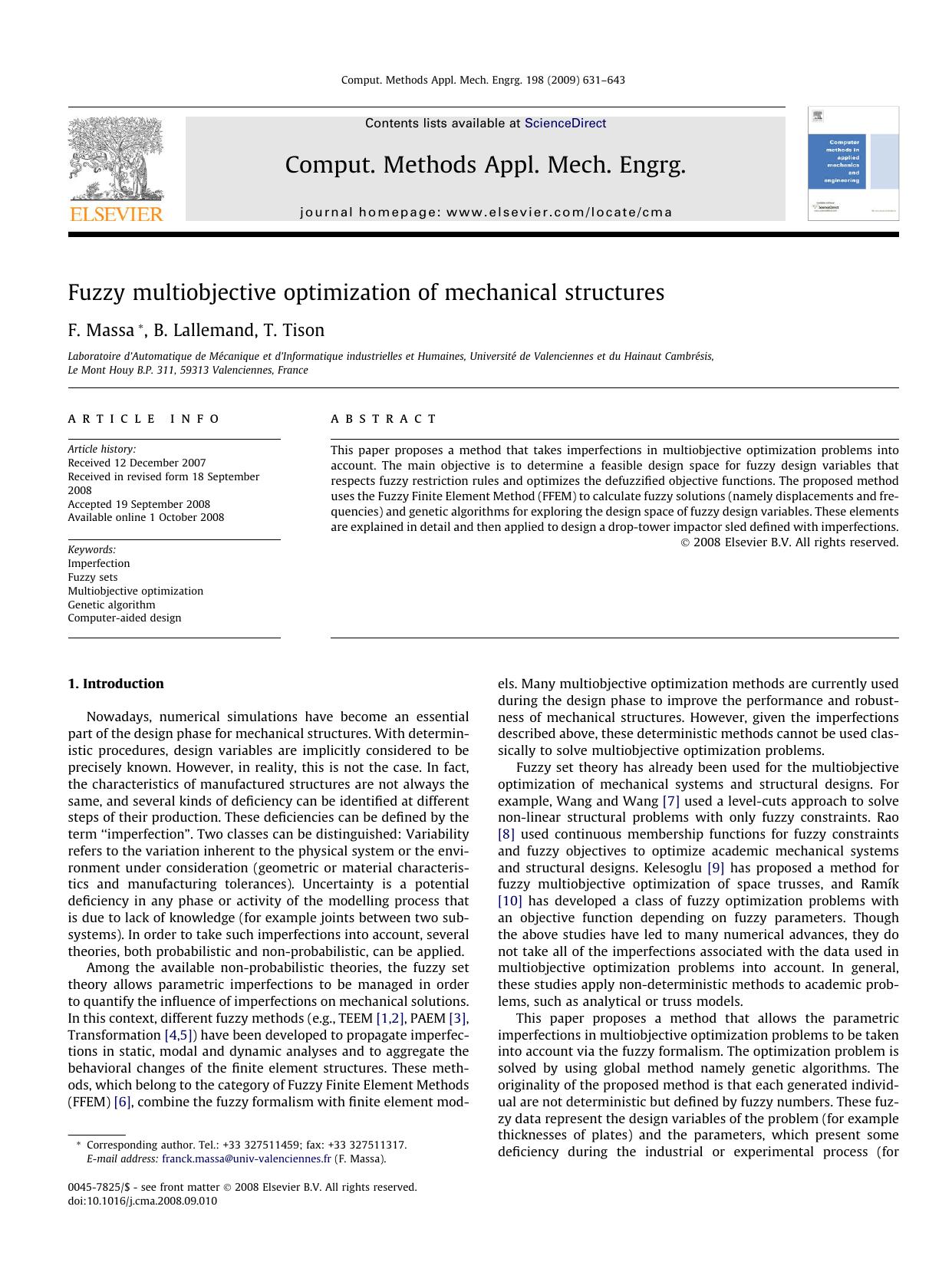 Fuzzy multiobjective optimization of mechanical structures by F. Massa; B. Lallemand; T. Tison