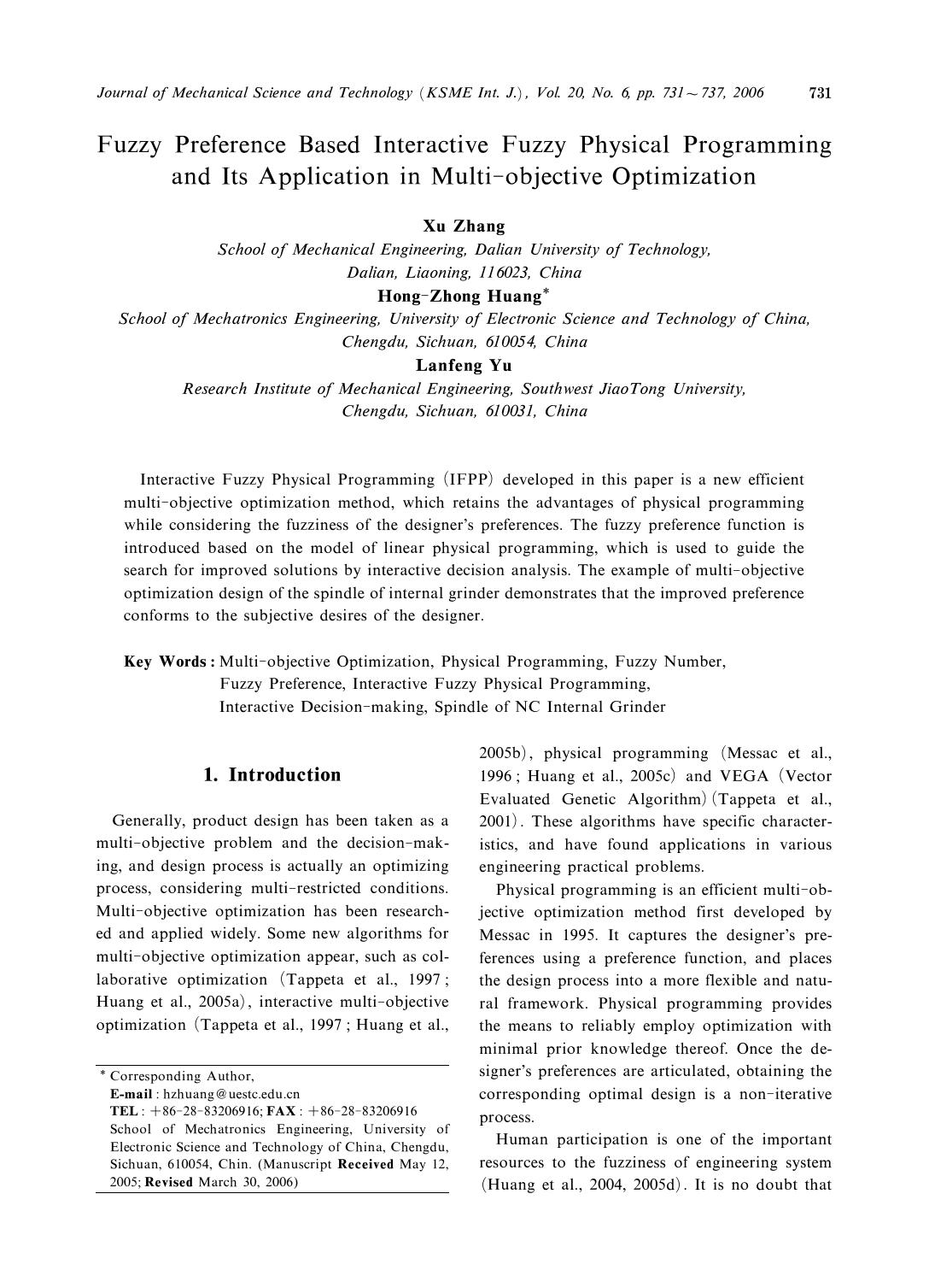 Fuzzy preference based interactive Fuzzy Physical programming and its application in multi-objective optimization by Unknown