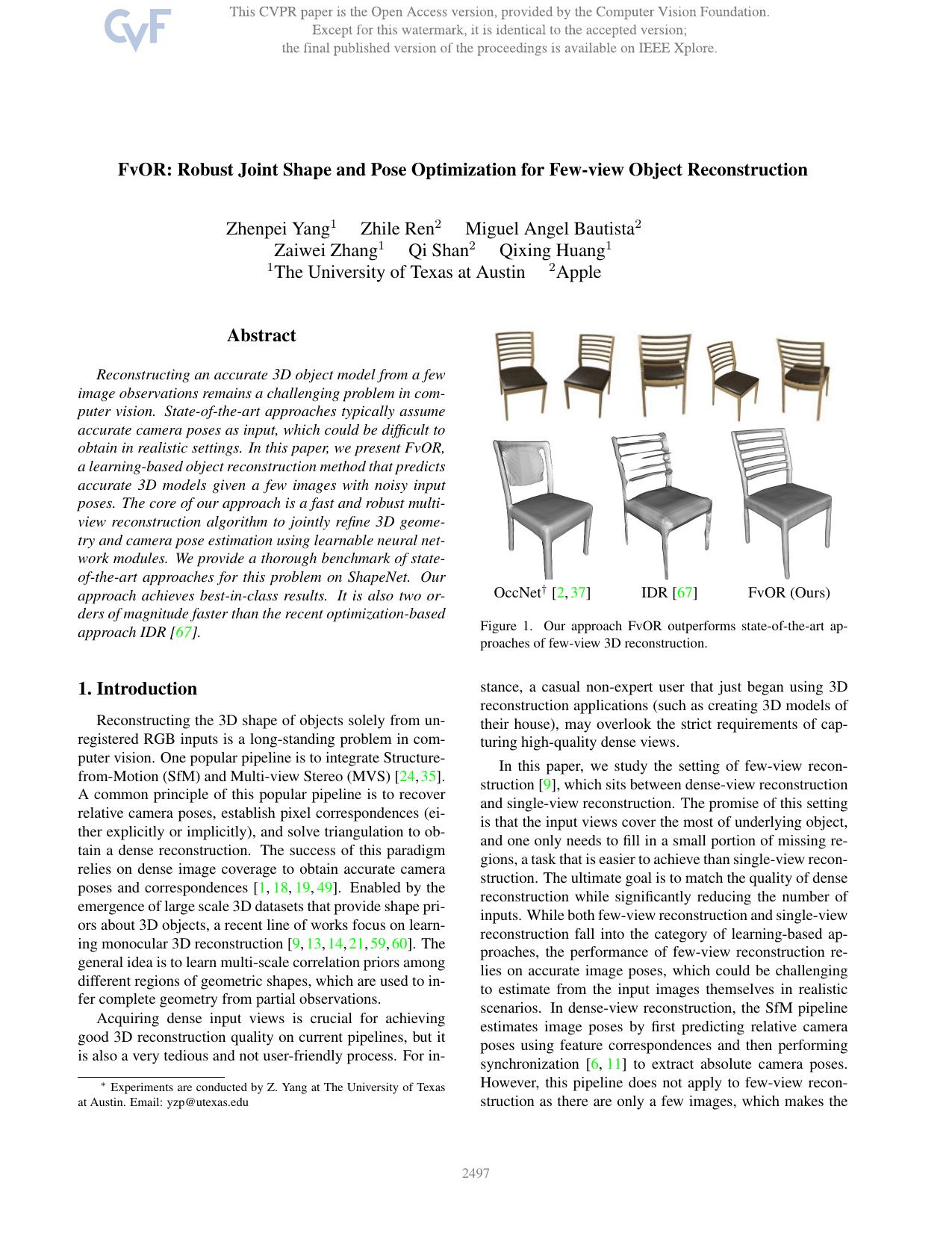 FvOR: Robust Joint Shape and Pose Optimization for Few-View Object Reconstruction by Zhenpei Yang & Zhile Ren & Miguel Angel Bautista & Zaiwei Zhang & Qi Shan & Qixing Huang