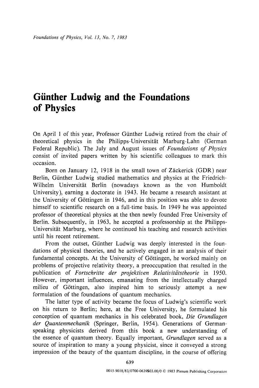 Günther Ludwig and the Foundations of Physics by Unknown