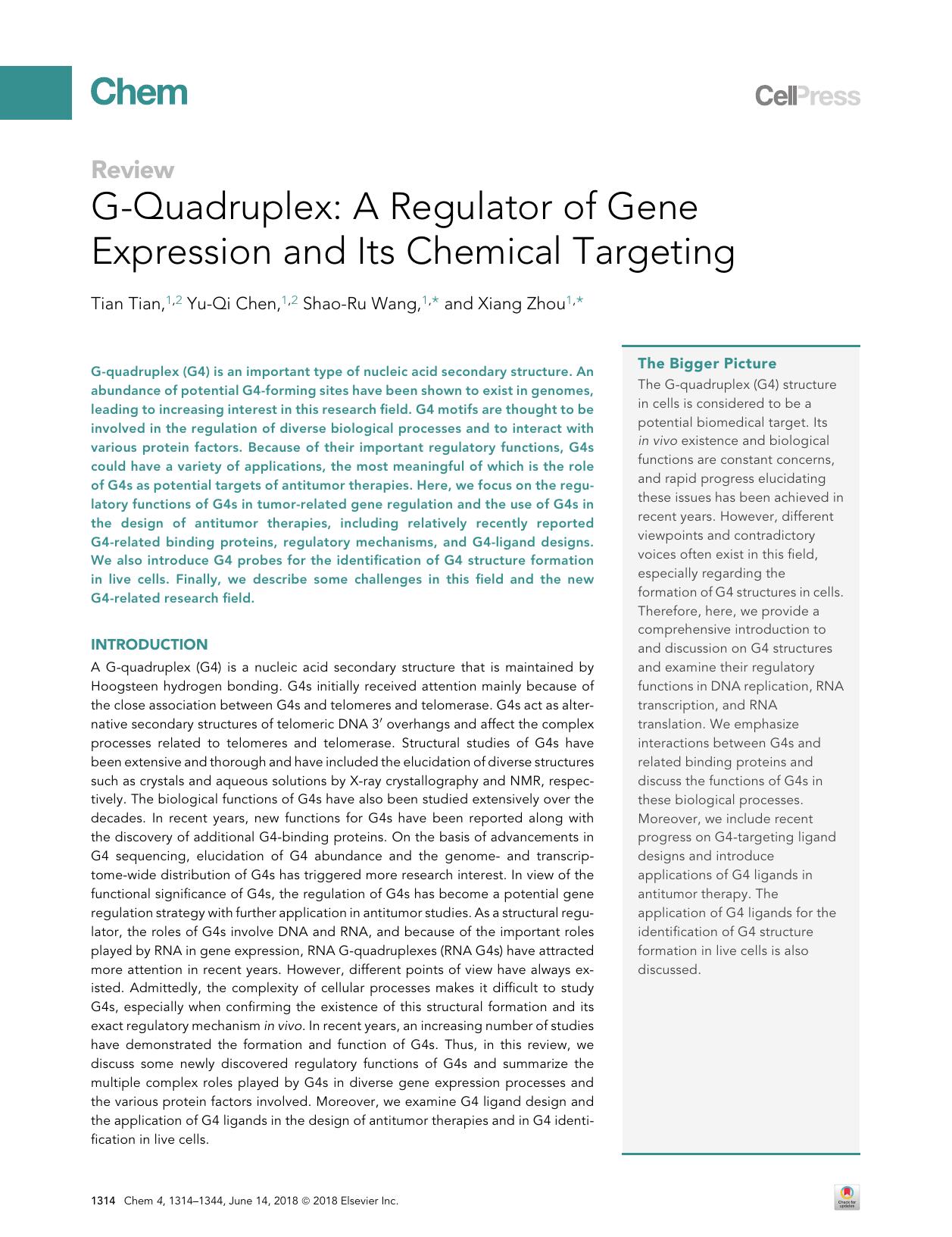 G-Quadruplex: A Regulator of Gene Expression and Its Chemical Targeting by Tian Tian & Yu-Qi Chen & Shao-Ru Wang & Xiang Zhou