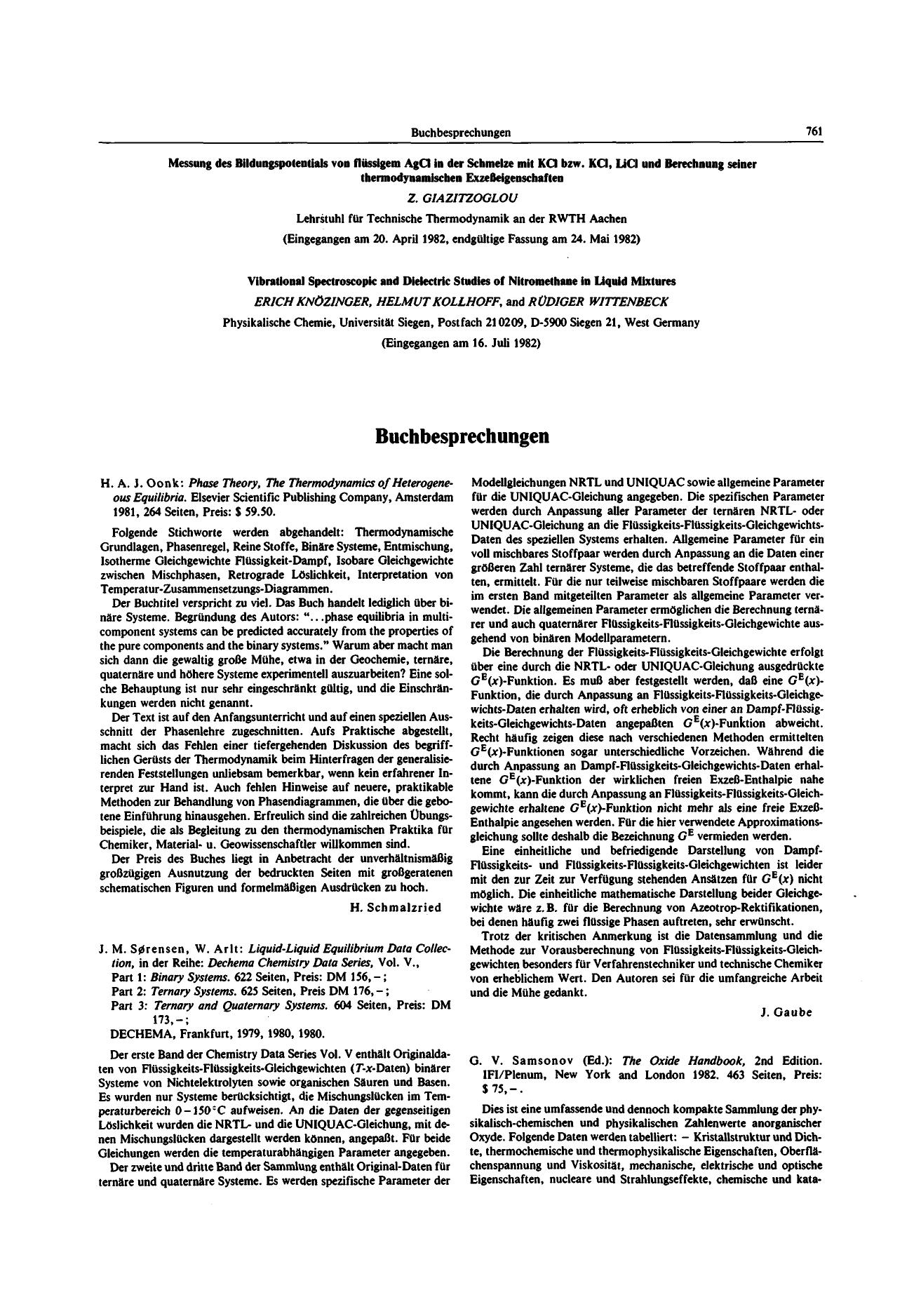 G. V. Samsonov (Ed.): The Oxide Handbook, 2nd Edition. IFIPlenum, New York and London 1982. 463 Seiten, Preis: [dollar]75,- by Unknown