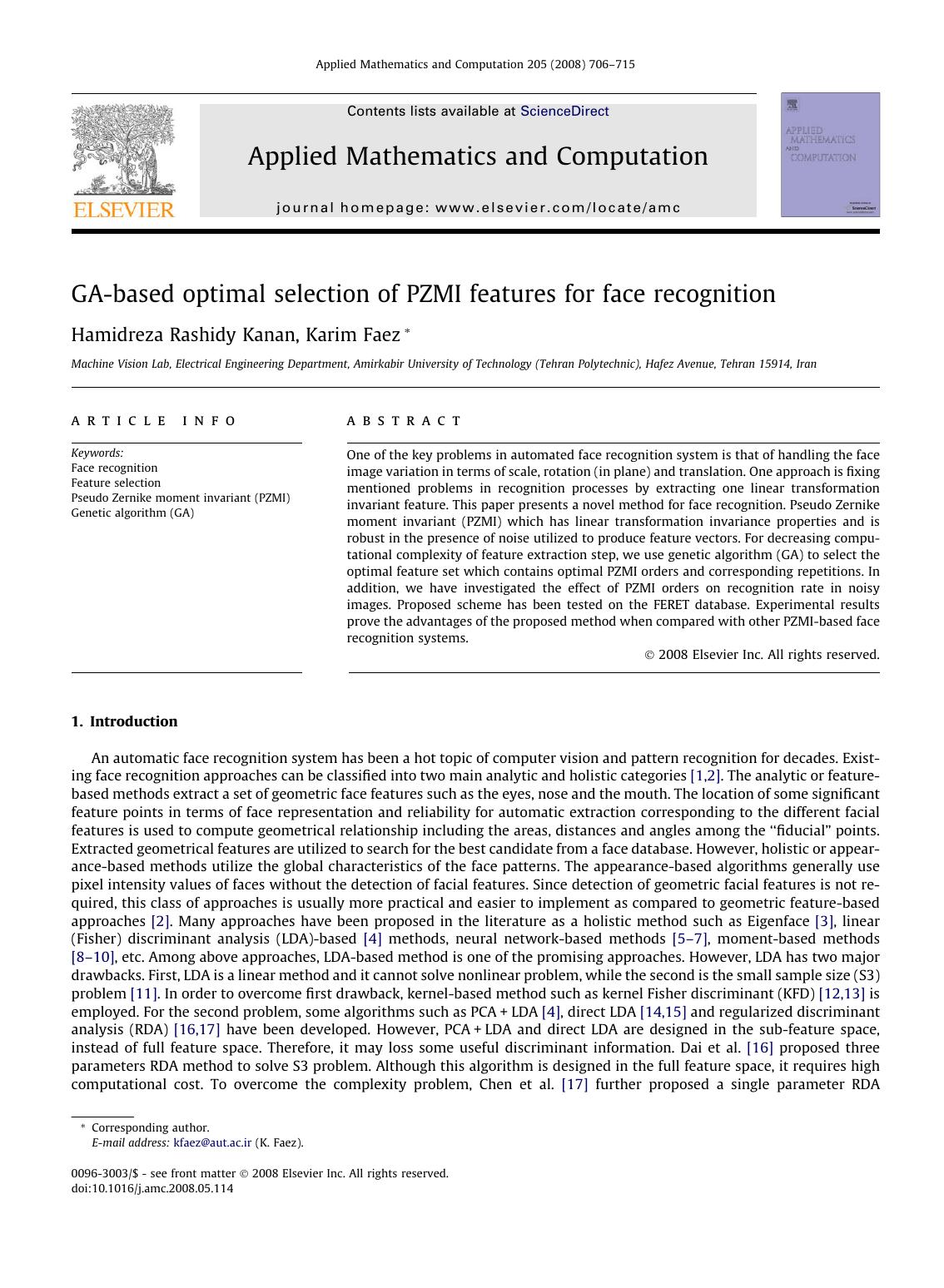 GA-based optimal selection of PZMI features for face recognition by Hamidreza Rashidy Kanan; Karim Faez