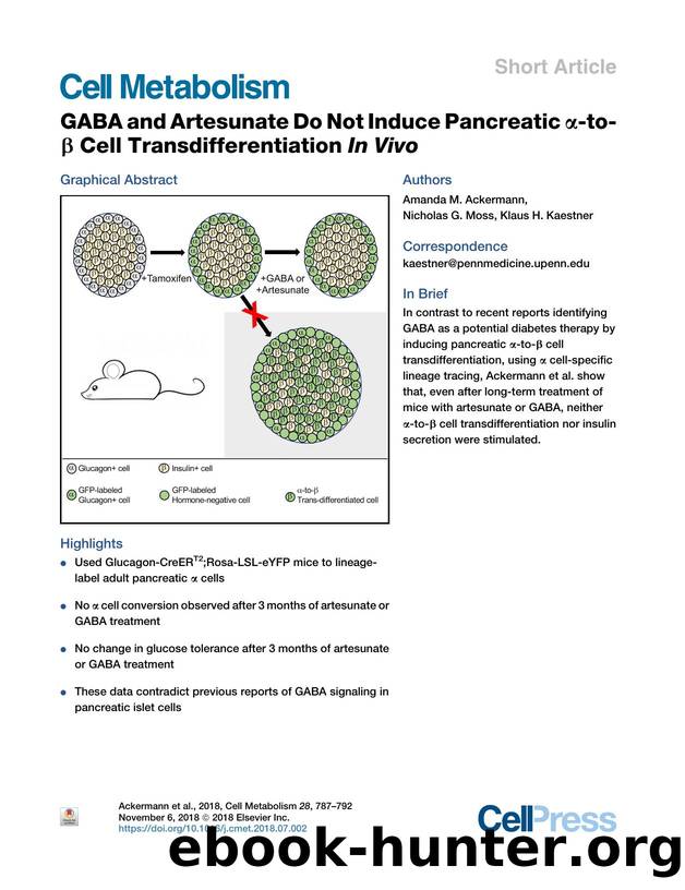 GABA and Artesunate Do Not Induce Pancreatic &alpha;-to-&beta; Cell Transdifferentiation In&nbsp;Vivo by Amanda M. Ackermann & Nicholas G. Moss & Klaus H. Kaestner