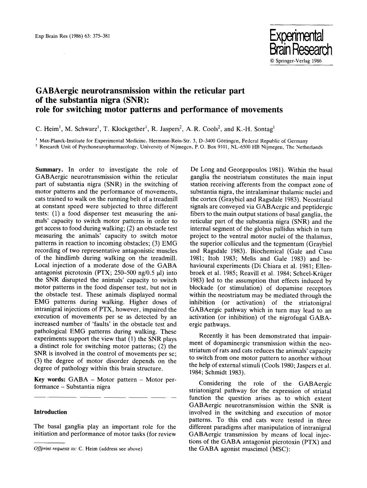 GABAergic neurotransmission within the reticular part of the substantia nigra (SNR): role for switching motor patterns and performance of movements by Unknown