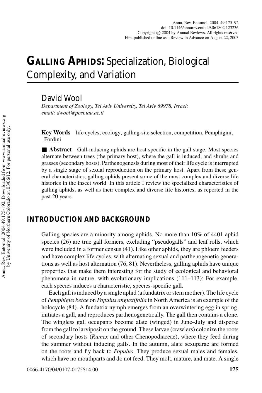 GALLING APHIDS: Specialization, Biological Complexity, and Variation by David Wool