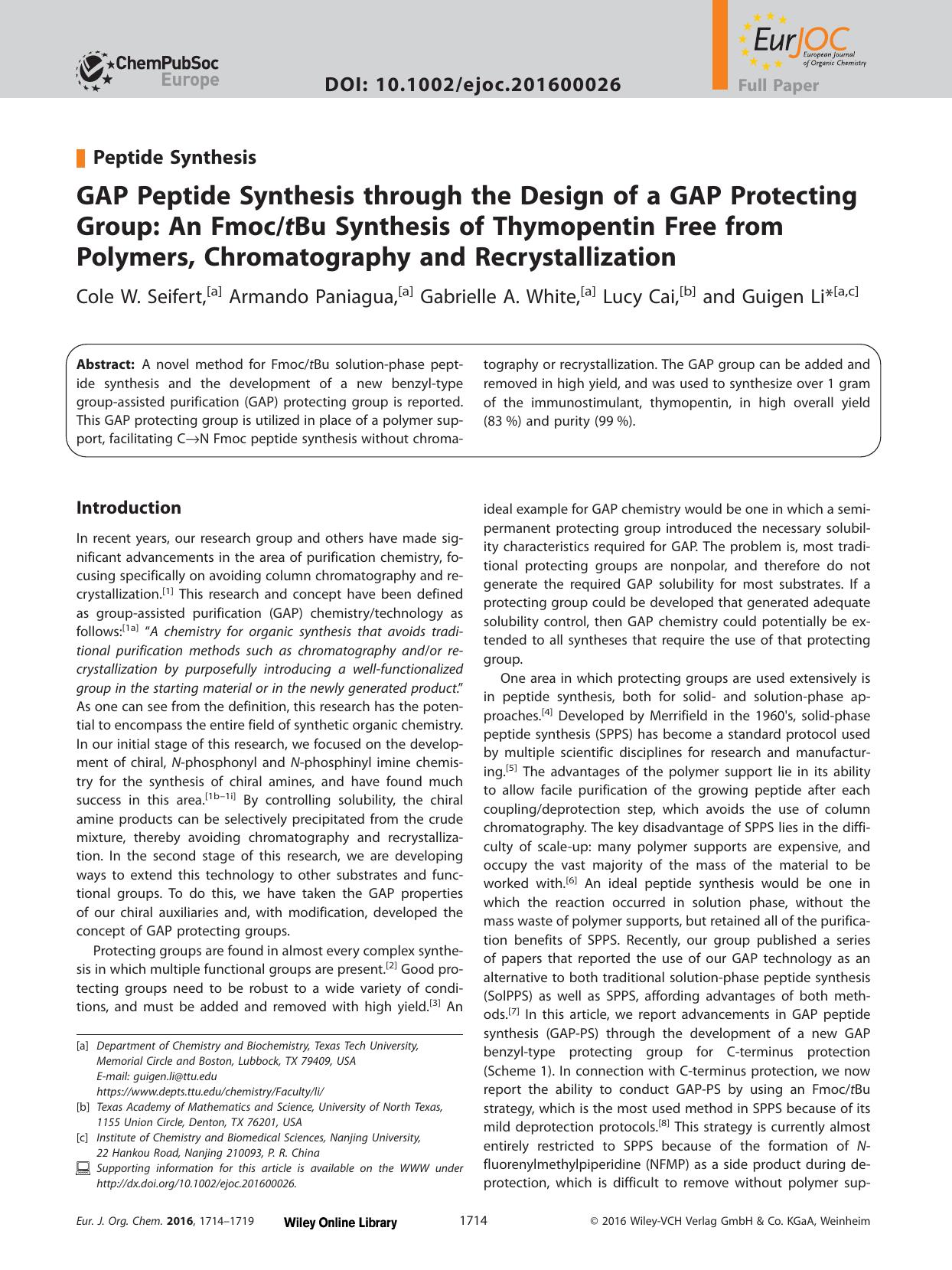GAP Peptide Synthesis through the Design of a GAP Protecting Group: An FmoctBu Synthesis of Thymopentin Free from Polymers, Chromatography and Recrystallization by Unknown