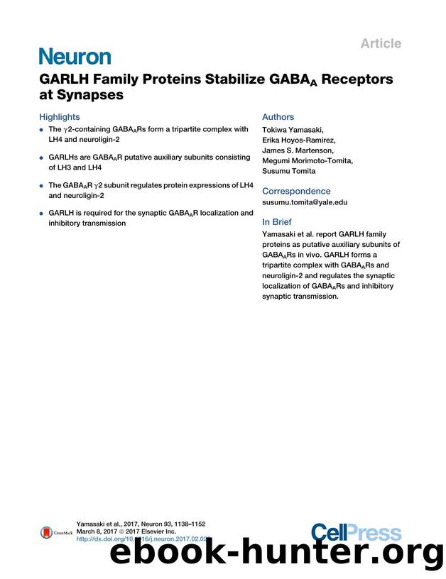 GARLH Family Proteins Stabilize GABAA Receptors at Synapses by Tokiwa Yamasaki & Erika Hoyos-Ramirez & James S. Martenson & Megumi Morimoto-Tomita & Susumu Tomita