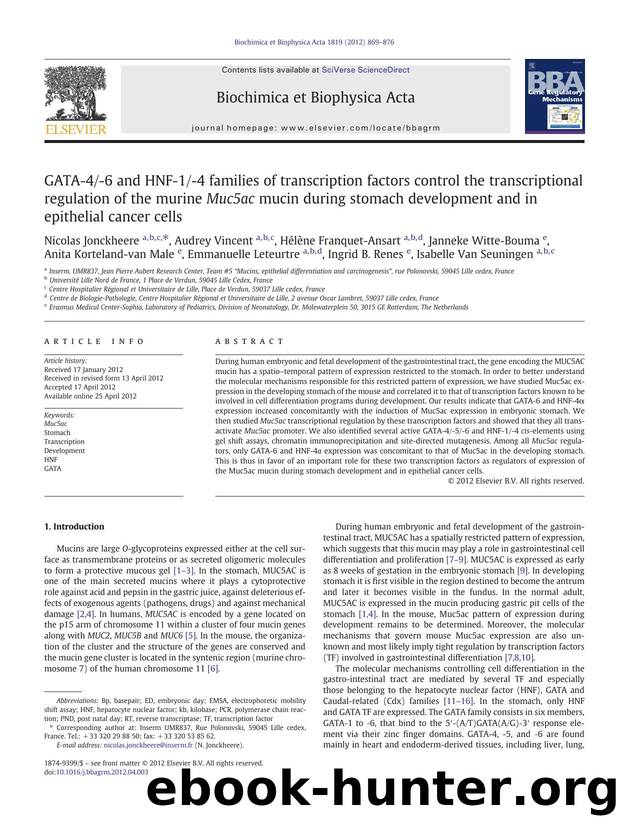 GATA-4-6 and HNF-1-4 families of transcription factors control the transcriptional regulation of the murine Muc5ac mucin during stomach development and in epithelial cancer cells by unknow