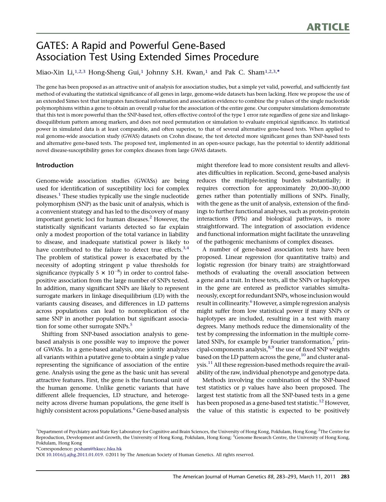 GATES: A Rapid and Powerful Gene-Based Association Test Using Extended Simes Procedure by Miao-Xin Li & Hong-Sheng Gui & Johnny S.H. Kwan & Pak C. Sham