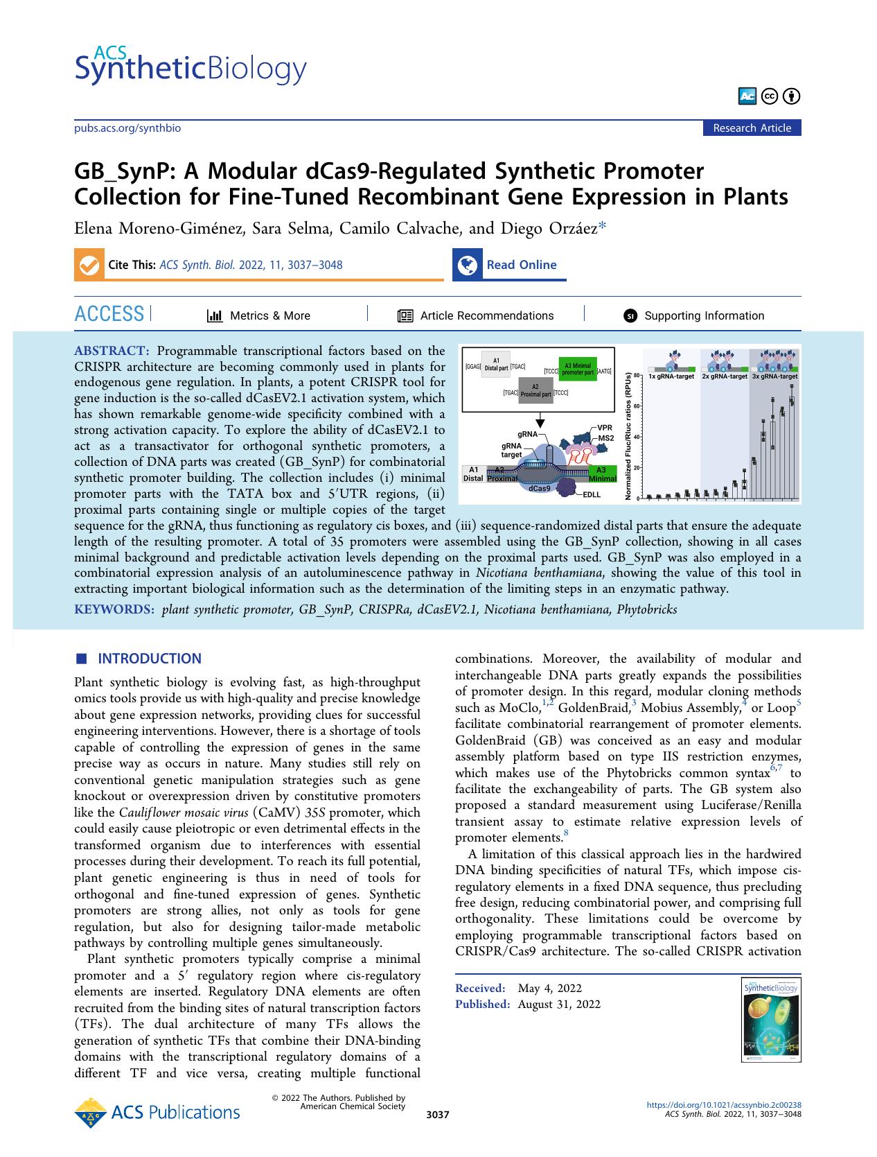 GB_SynP: A Modular dCas9-Regulated Synthetic Promoter Collection for Fine-Tuned Recombinant Gene Expression in Plants by Elena Moreno-Giménez Sara Selma Camilo Calvache and Diego Orzáez
