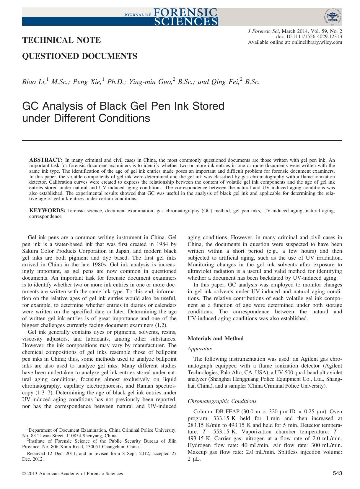 GC Analysis of Black Gel Pen Ink Stored under Different Conditions by Unknown