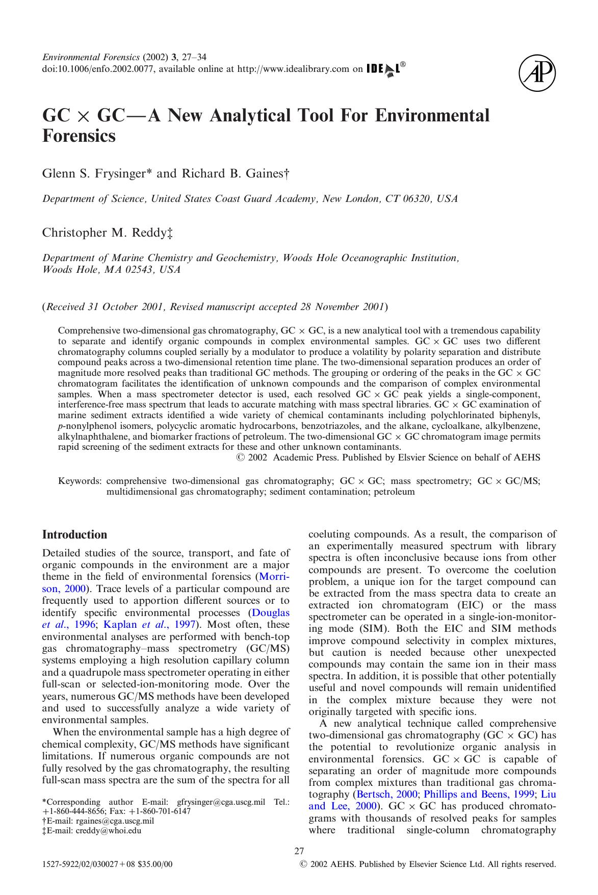GC X GC---A New Analytical Tool For Environmental Forensics by Frysinger G. S. et al