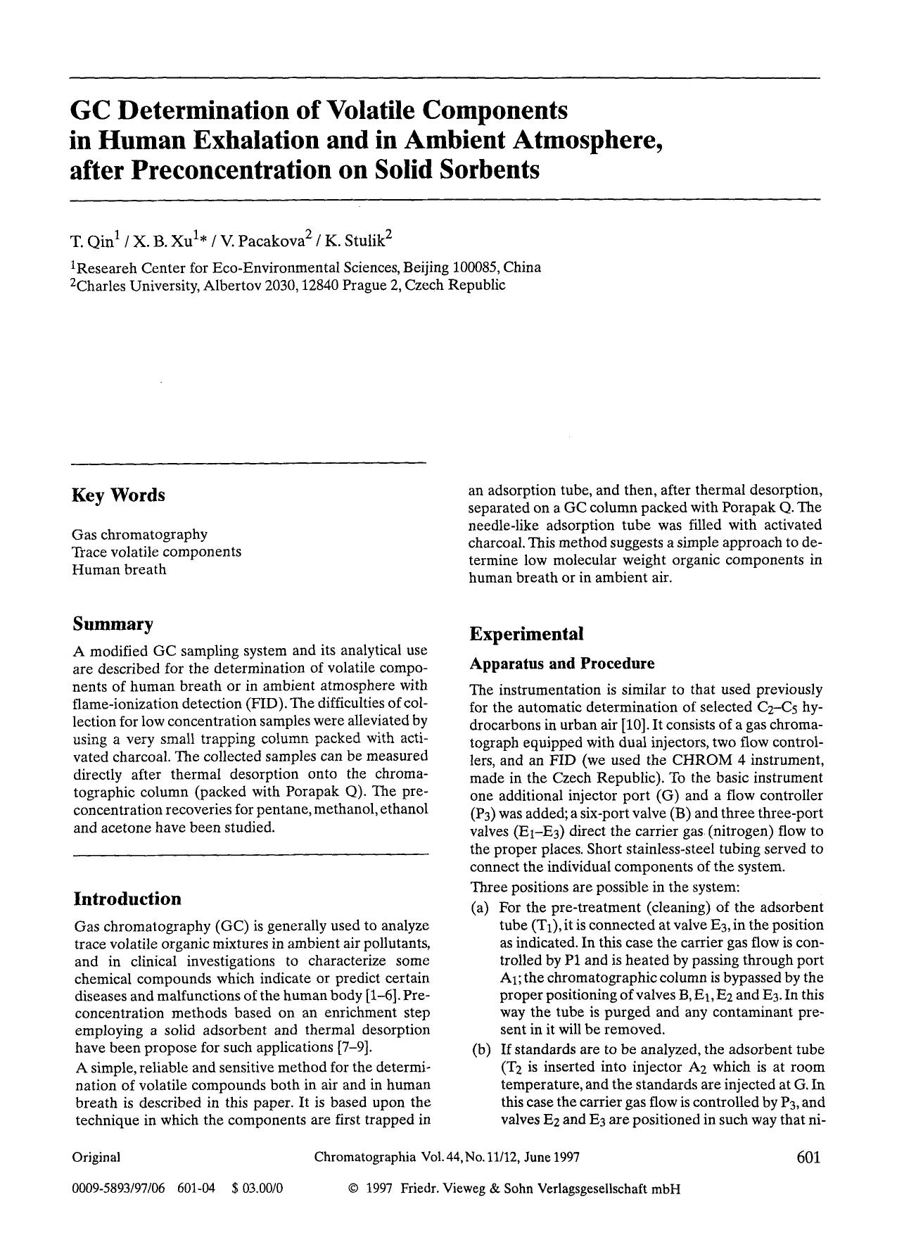 GC determination of volatile components in human exhalation and in ambient atmosphere, after preconcentration on solid sorbents by Unknown