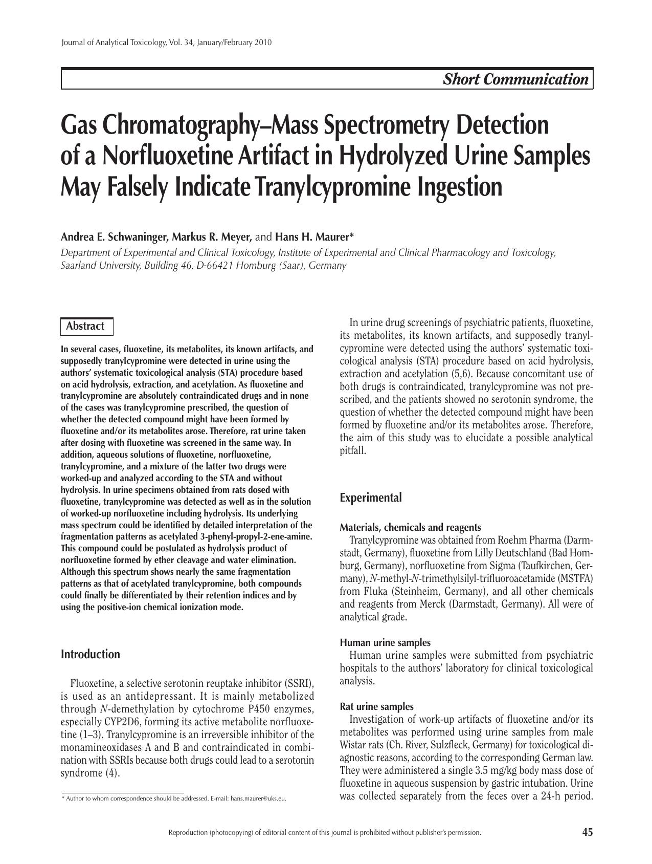 GCâMS Detection of a Norfluoxetine Artifact in Hydrolyzed Urine by Hans H. Maurer