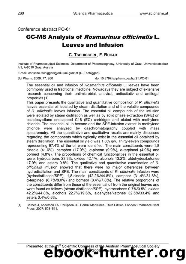 GC-MS Analysis of Rosmarinus officinalis L. Leaves and Infusion by C. TSCHIGGERL & F. BUCAR
