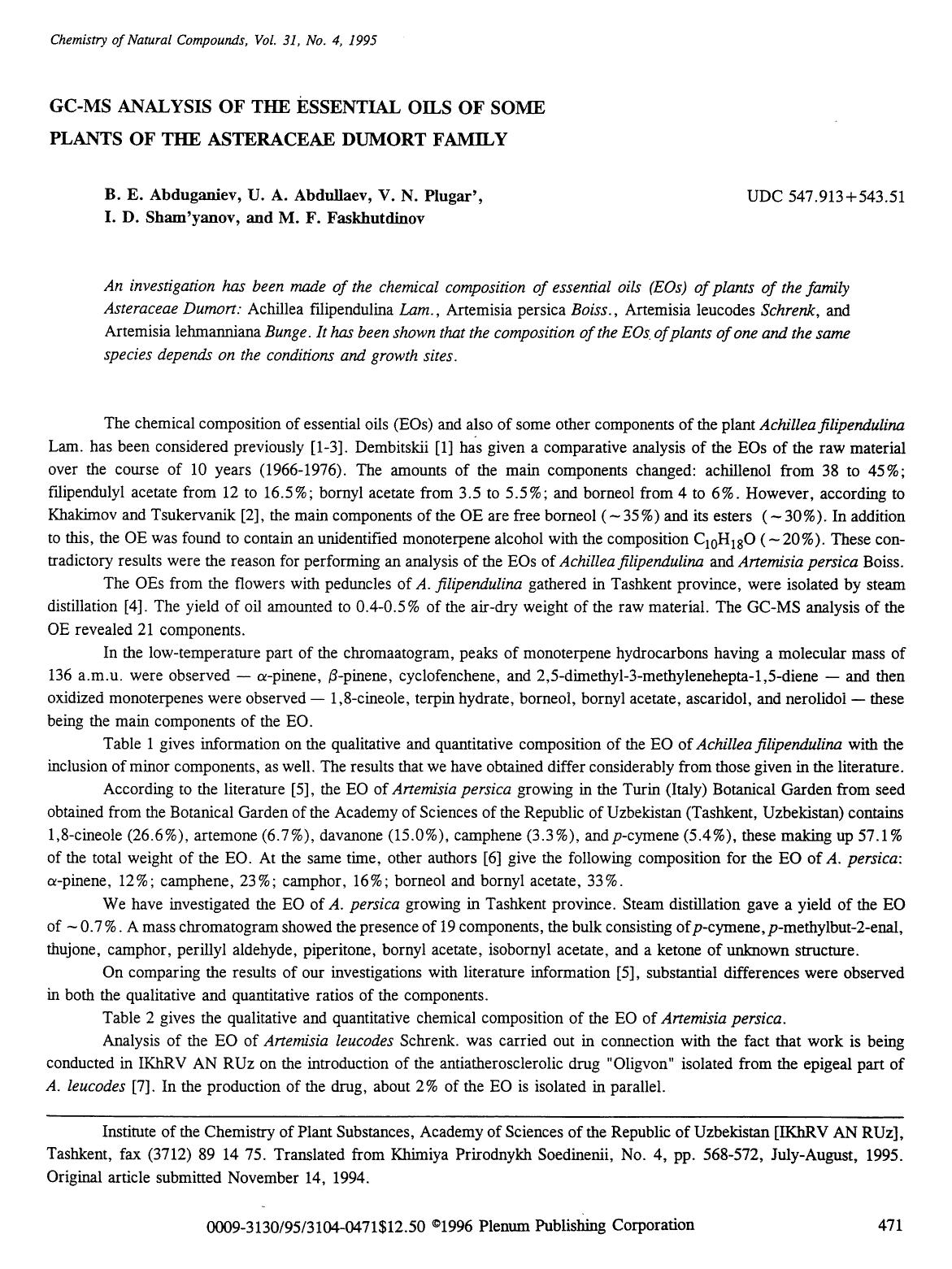 GC-MS Analysis of the essential oils of some plants of the Asteraceae Dumort family by Unknown