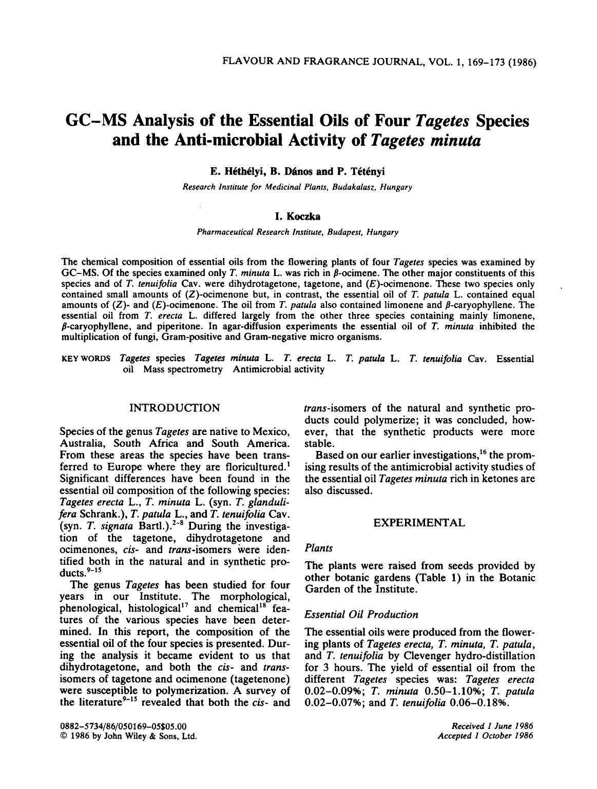 GC-MS analysis of the essential oils of four tagetes species and the anti-microbial activity of Tagetes minuta by Unknown