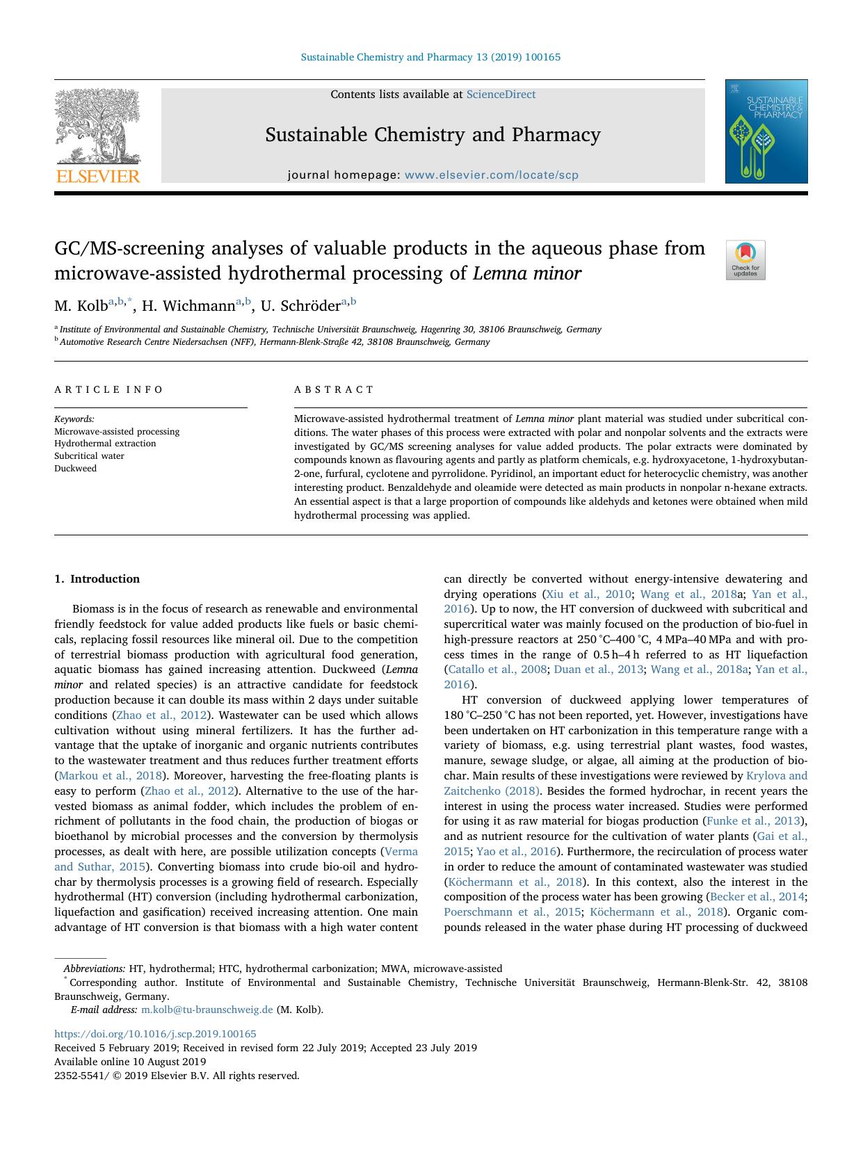 GCMS-screening analyses of valuable products in the aqueous phase from microwave-assisted hydrothermal processing of Lemna minor by M. Kolb & H. Wichmann & U. Schröder