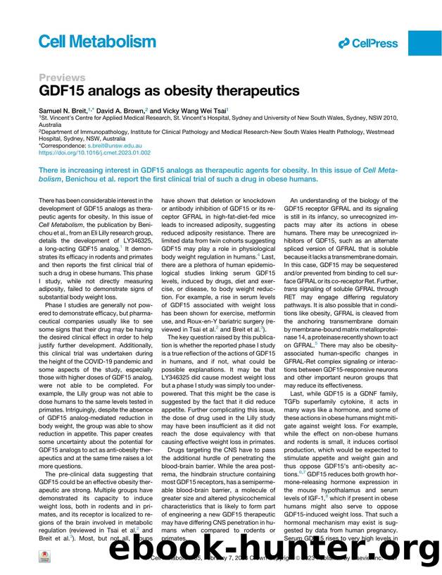 GDF15 analogs as obesity therapeutics by Samuel N. Breit & David A. Brown & Vicky Wang Wei Tsai