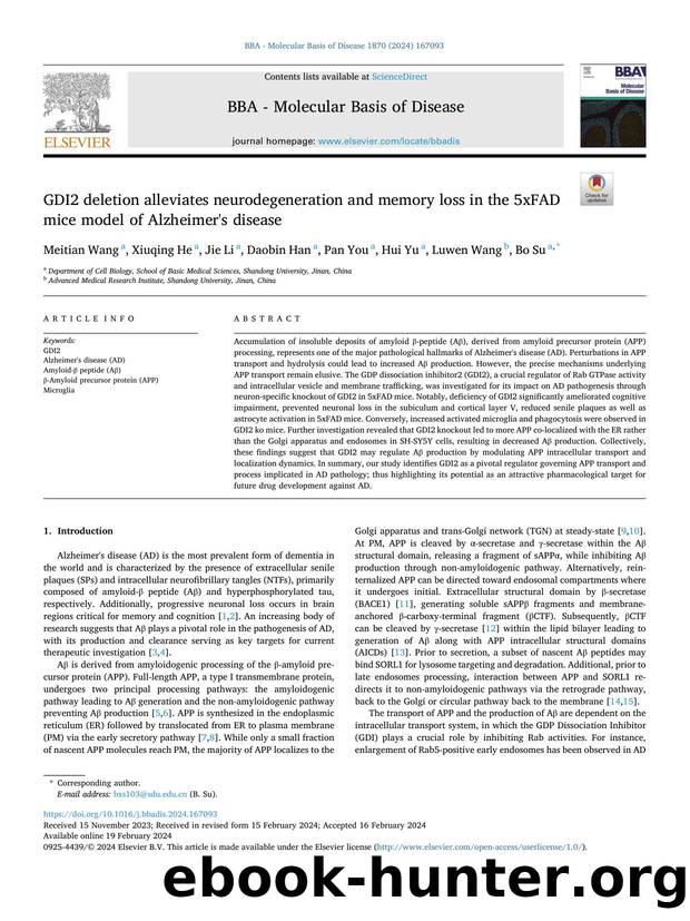 GDI2 deletion alleviates neurodegeneration and memory loss in the 5xFAD mice model of Alzheimer's disease by Meitian Wang & Xiuqing He & Jie Li & Daobin Han & Pan You & Hui Yu & Luwen Wang & Bo Su
